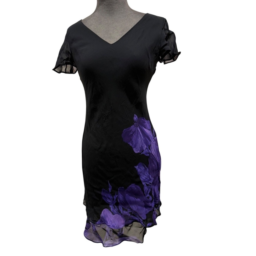 Donna Ricco vtg  New York Black Purple Floral V-Neck Ruffle‎ Hem Dress Petite 4P